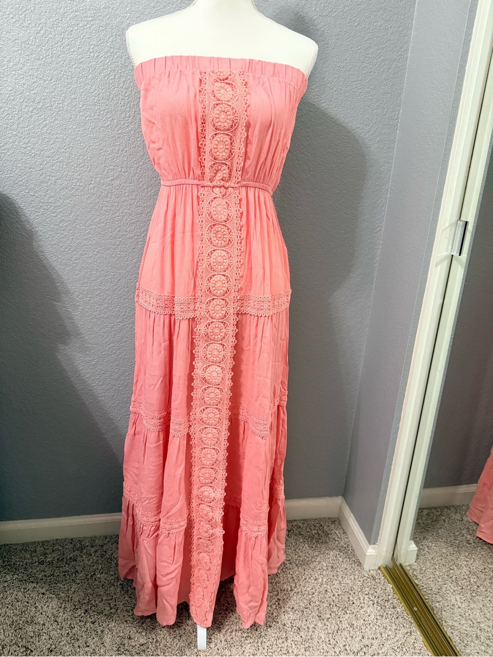 Boho Strapless Maxi Dress in Pale Pink with Lace Detail